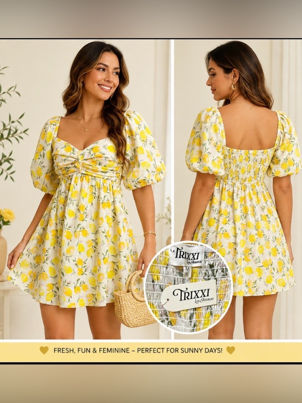 TRIXXI Los Angeles Lemon Print Puff Sleeve Mini
Dress Size M NWT